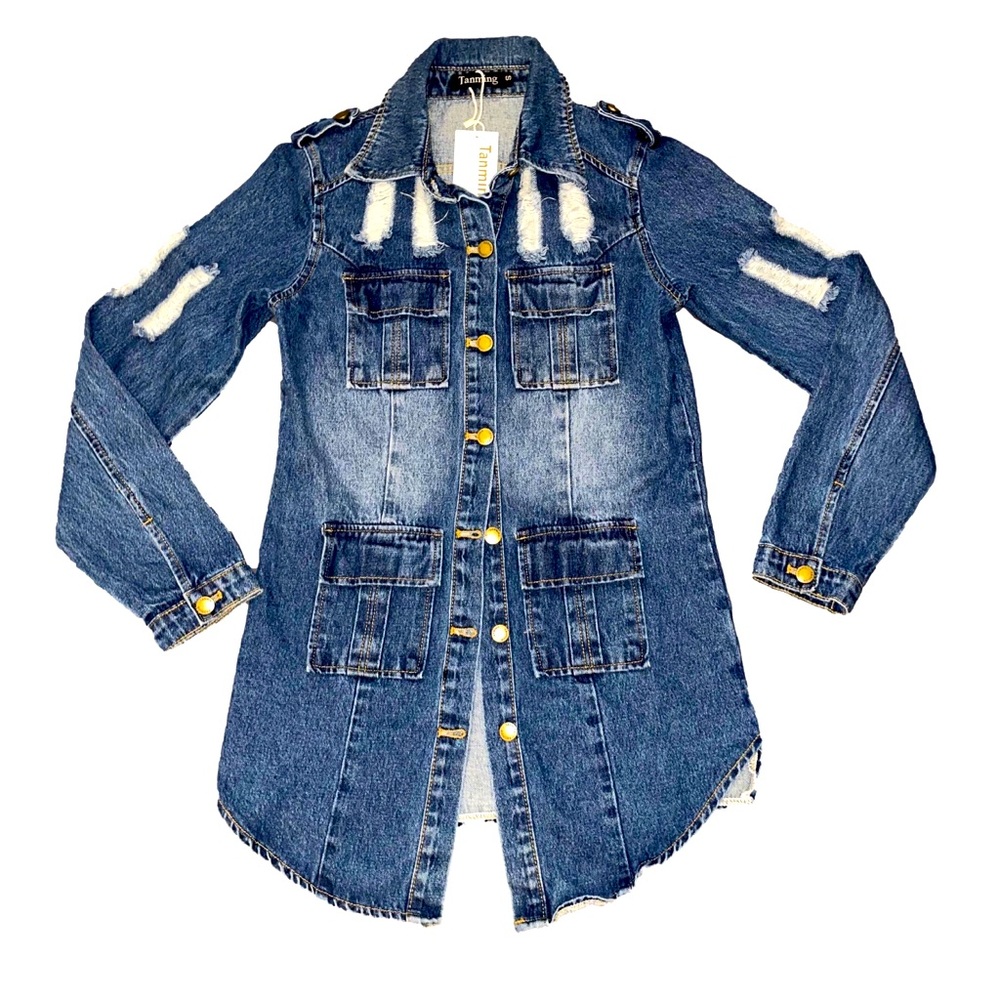 Distressed long denim jacket